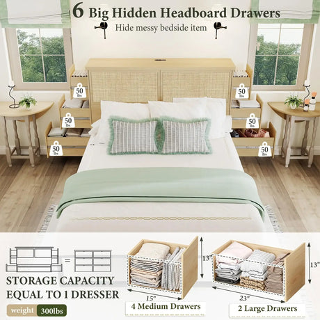 Boho Rattan Queen Beds Frame with Charging Station Headboard