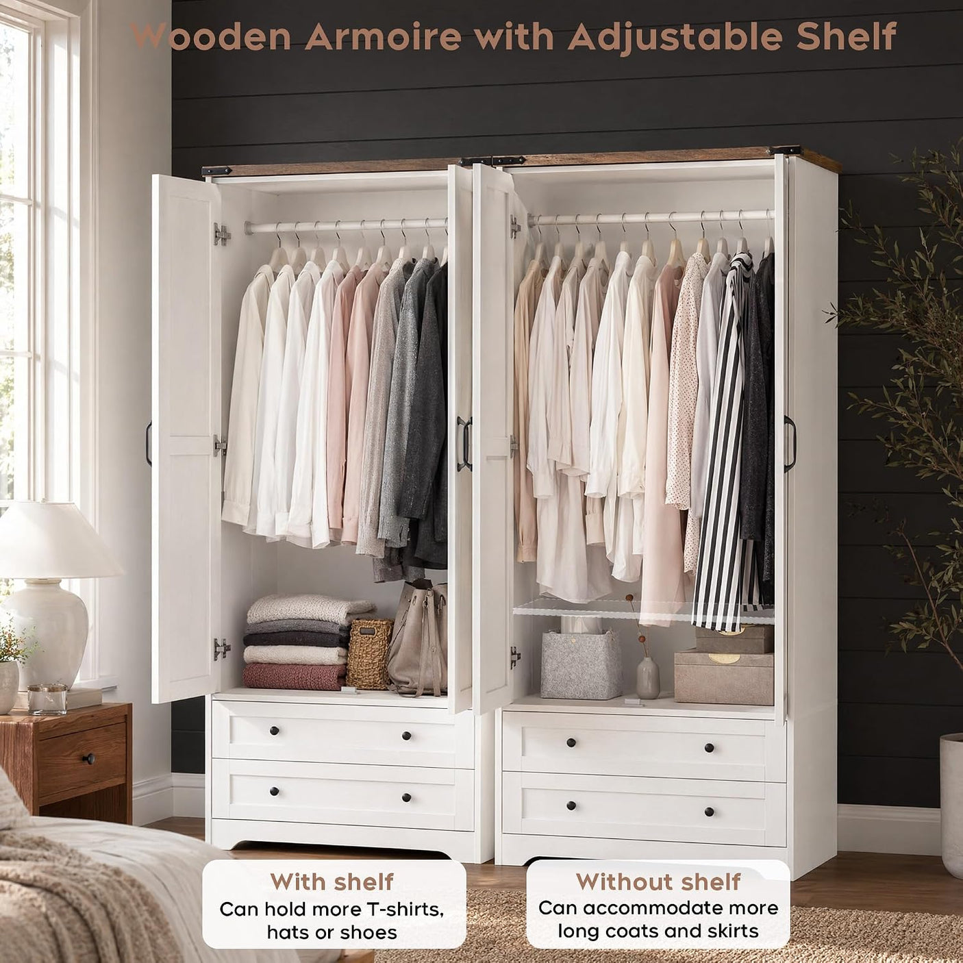 Yechen 71" Armoire Wardrobe Closet with Hanging Rod, Adjustable Shelves & 2 Drawers — White