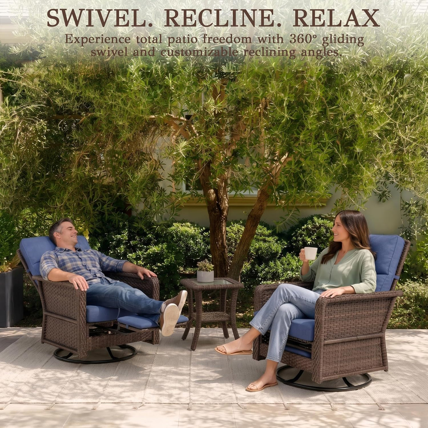 Outdoor Swivel Chair Set | PE Wicker Patio Conversation Set with Cushions | Blue