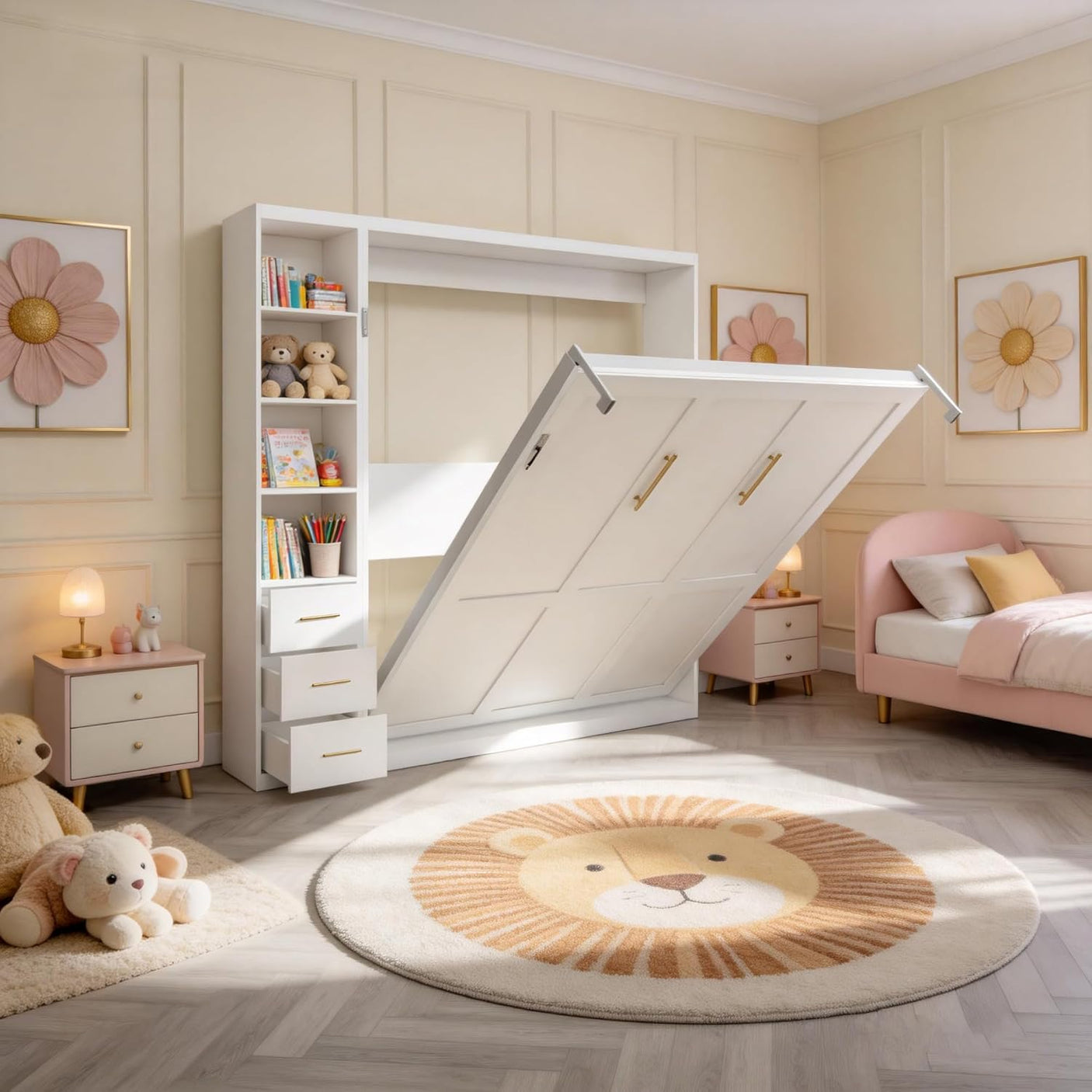 Queen Murphy Bed with Side Storage Cabinet & Bookshelf | Space-Saving Wall Bed | Yechen Home