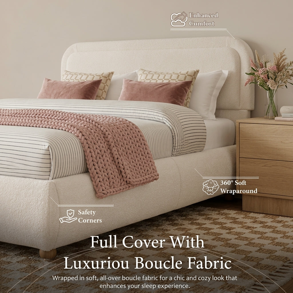 Cloud Boucle Bed Frame | Rounded Headboard, Solid Wood Legs, No Box Spring Needed