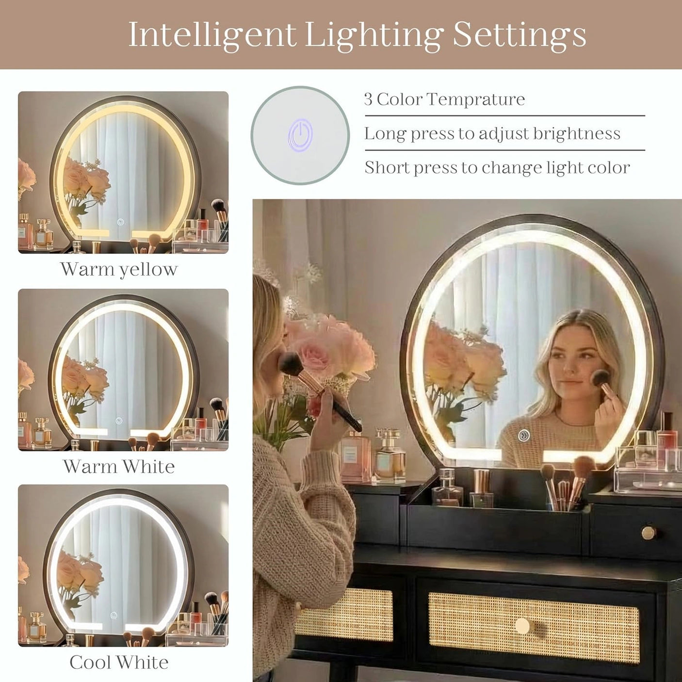 30" Vintage Makeup Vanity Table Set with Flip-Top Mirror & Rattan Drawers, Compact Dressing Table with Padded Stool