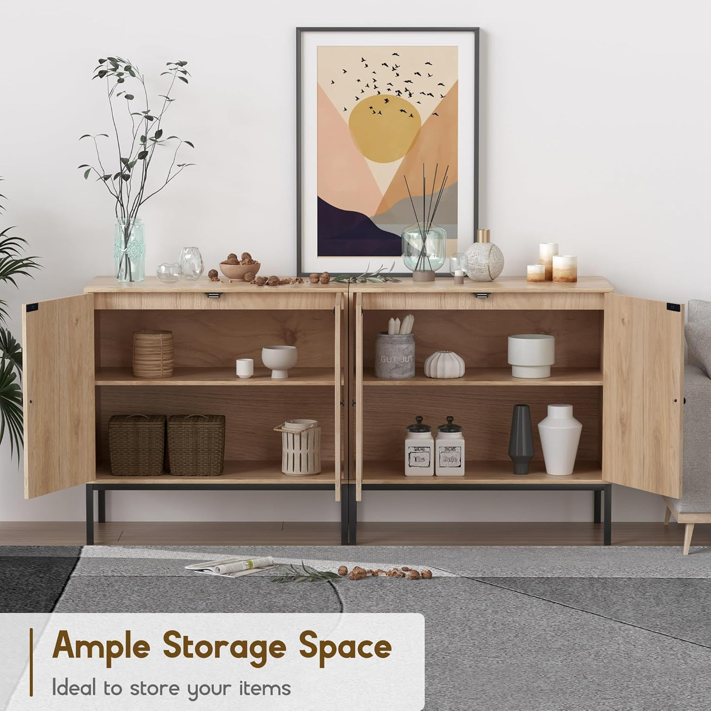 Natural Rattan Oval Sideboard Cabinet | Boho Buffet with Handwoven Doors & Adjustable Shelves
