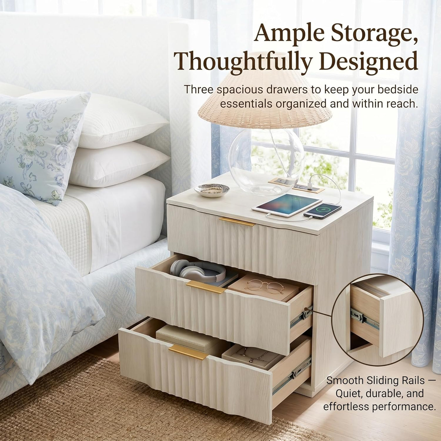 Fluted Nightstand with 20W Fast Charging, 3-Drawer Wood Bedside Table, Curved Profile Base, White Oak