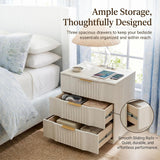 Fluted Nightstand with 20W Fast Charging, 3-Drawer Wood Bedside Table, Curved Profile Base, White Oak