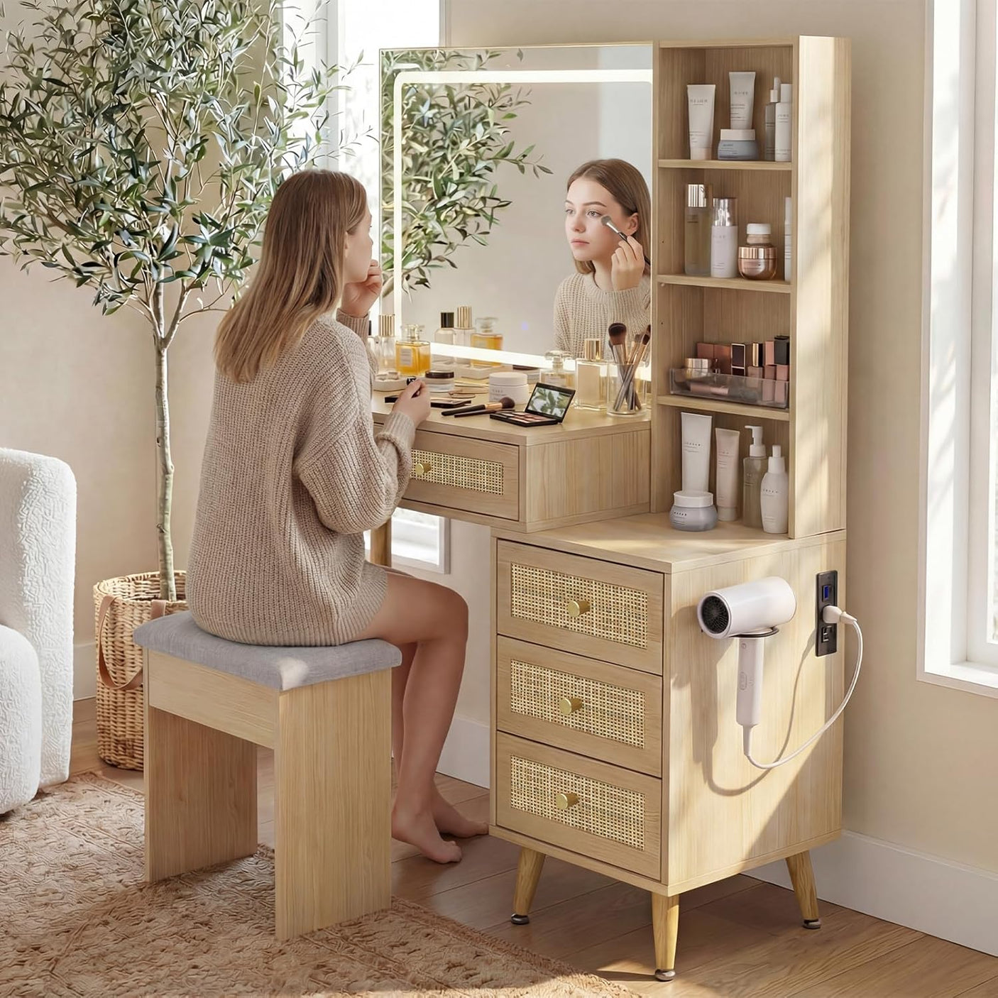 Rattan Makeup Vanity Set with Lighted Mirror & Stool | 43.3" | 5 Drawers | Charging Station | Natural Wood or Mint