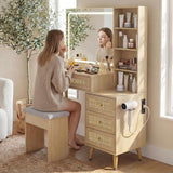 Rattan Makeup Vanity Set with Lighted Mirror & Stool | 43.3" | 5 Drawers | Charging Station | Natural Wood or Mint