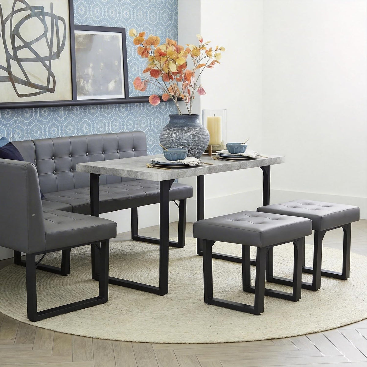 72" Corner Breakfast Nook Table Set with Storage Bench | L-Shaped Booth Dining Set, Seats 6, Grey