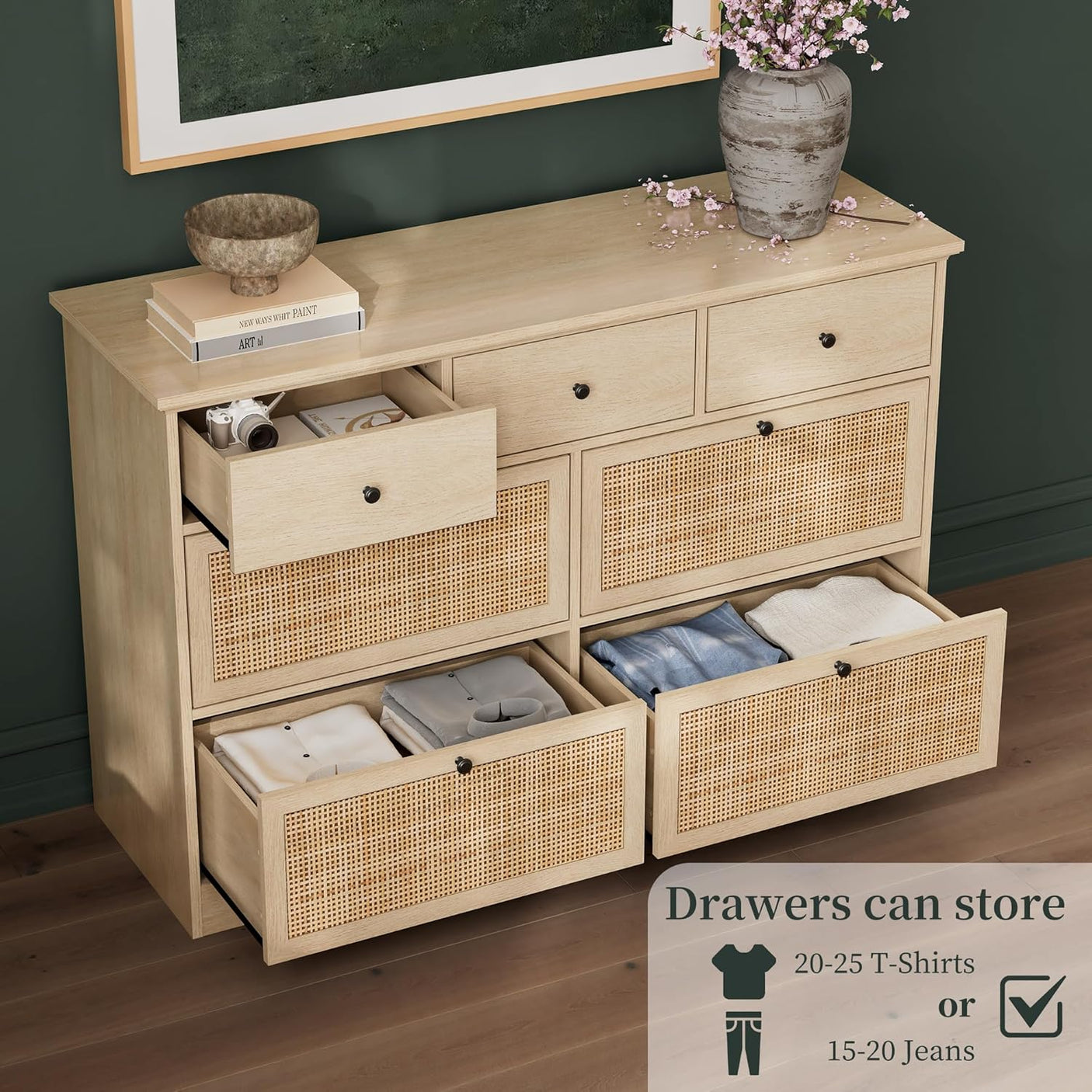 Yechen 47.2'' Wide Rattan Dresser - 7 Drawer Mid-Century Natural Wood Storage Cabinet