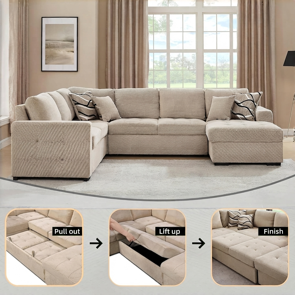 Yechen 123" U-Shaped Sectional Sleeper Sofa with Pull-Out Bed & Storage Chaise, 6-Seater