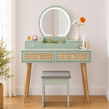Vanity Desk Set with LED Mirror and Stool, 31" Boho Rattan Makeup Vanity Table, 3-Mode Lighted Mirror, 4 Drawers, Mint, Space-Saving for Bedroom