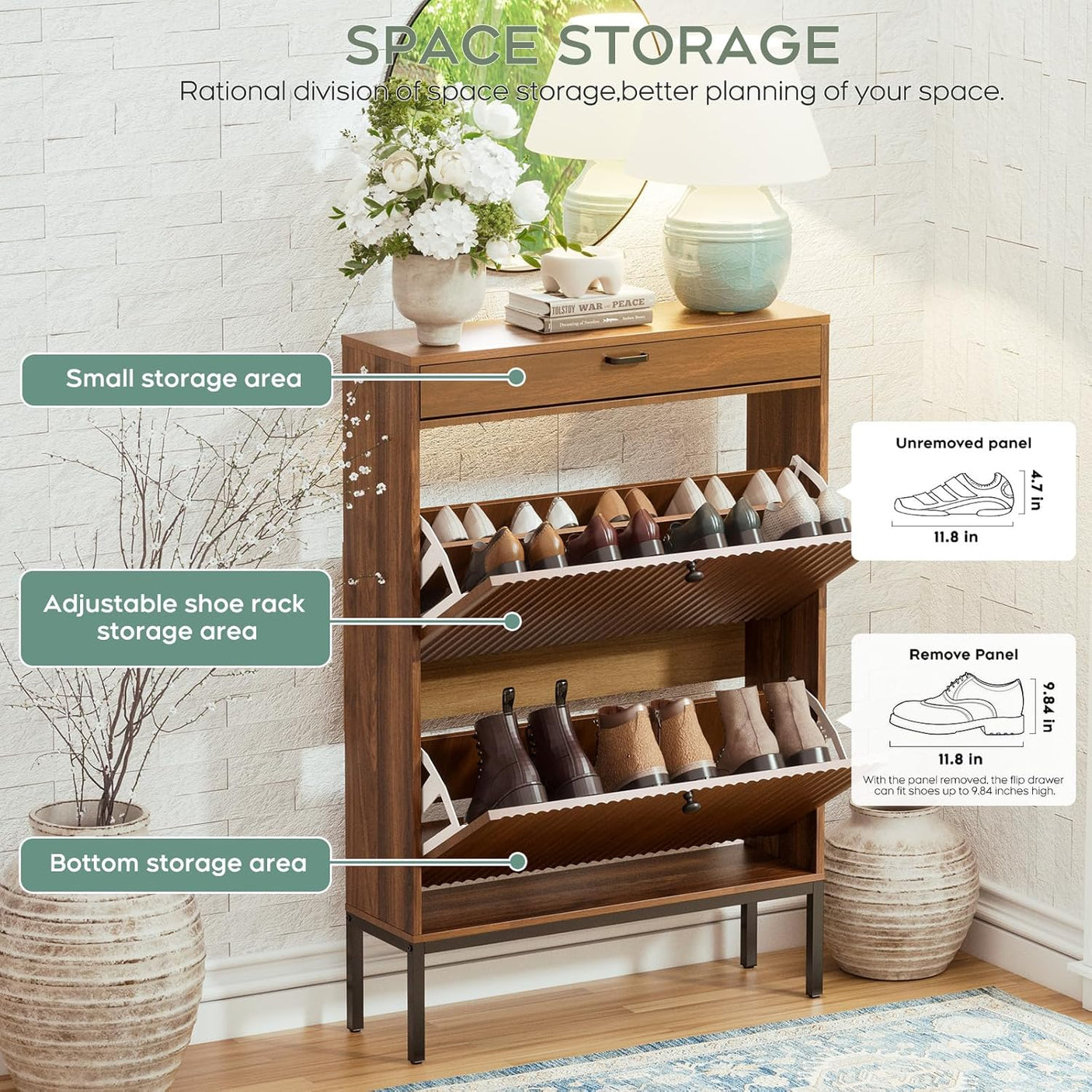 Yechen Shoe Cabinet with Flip Doors, 2 Flip Drawers + Top Drawer, Slim Entryway Organizer for Hallway & Living Room, Walnut