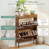 Yechen Shoe Cabinet with Flip Doors, 2 Flip Drawers + Top Drawer, Slim Entryway Organizer for Hallway & Living Room, Walnut