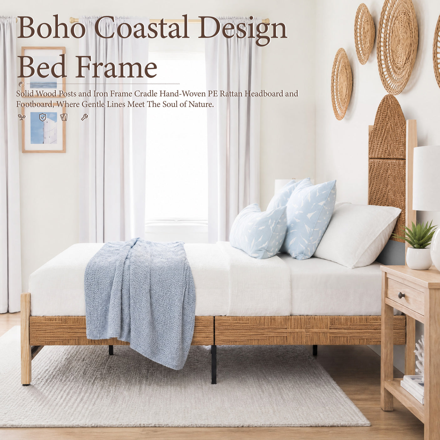 Yechen Rattan Bed Frame | Boho Tall Headboard with Solid Wood Legs