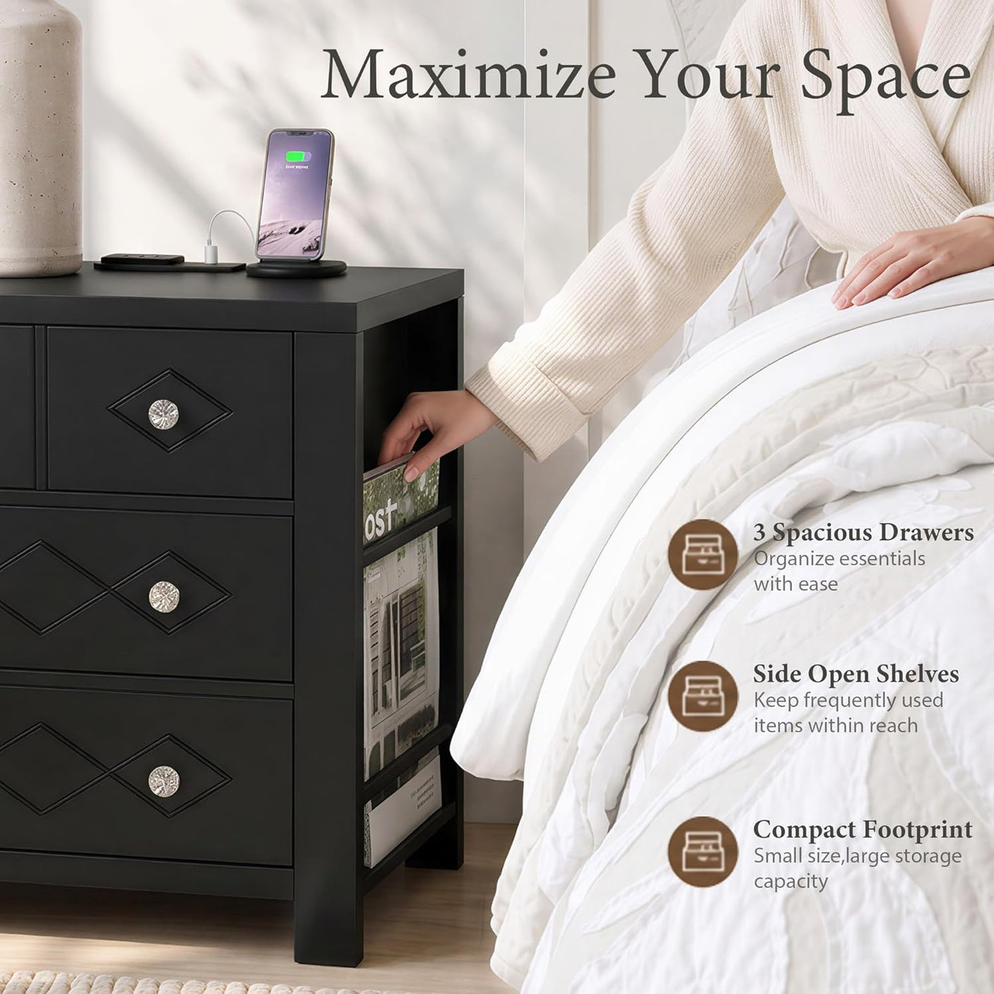 Yechen 3-Drawer Nightstand with USB-C & AC Outlets | Crystal Handles | White & Black