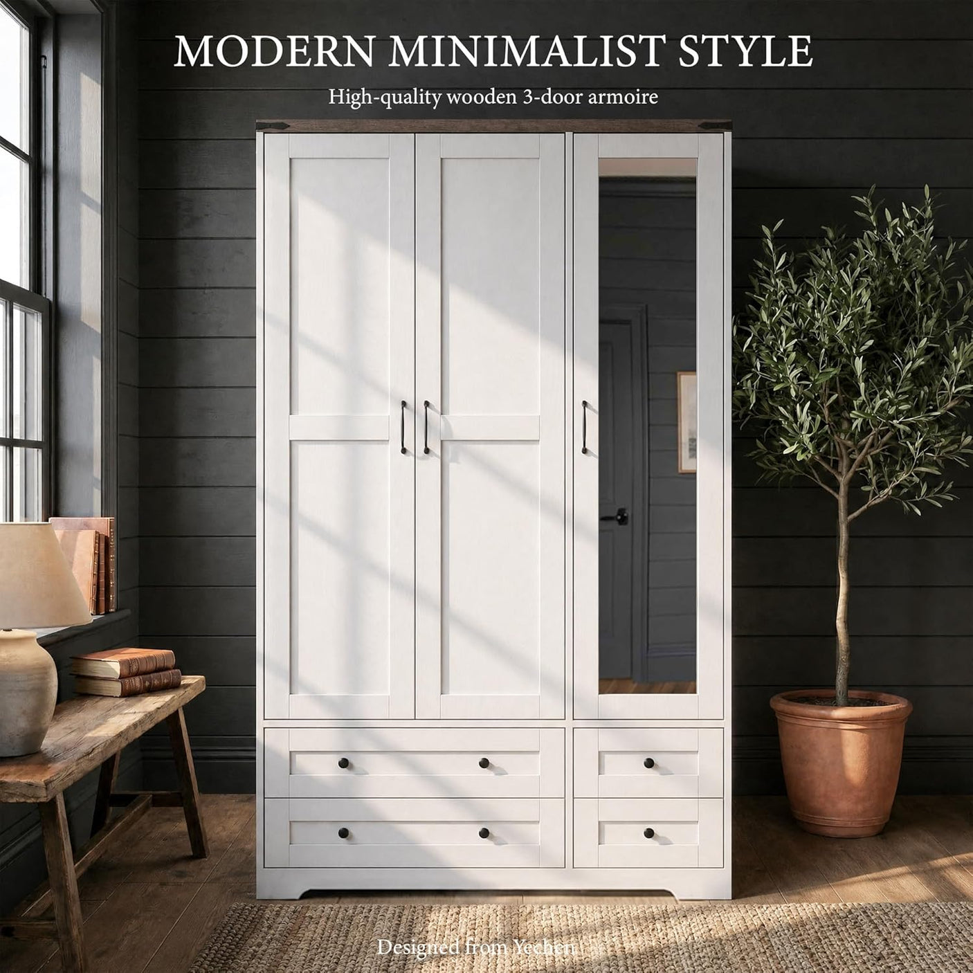 Yechen 71" 3-Door Wooden Armoire Wardrobe Closet with Mirror, 4 Drawers & Adjustable Shelves | White Farmhouse Bedroom Cabinet