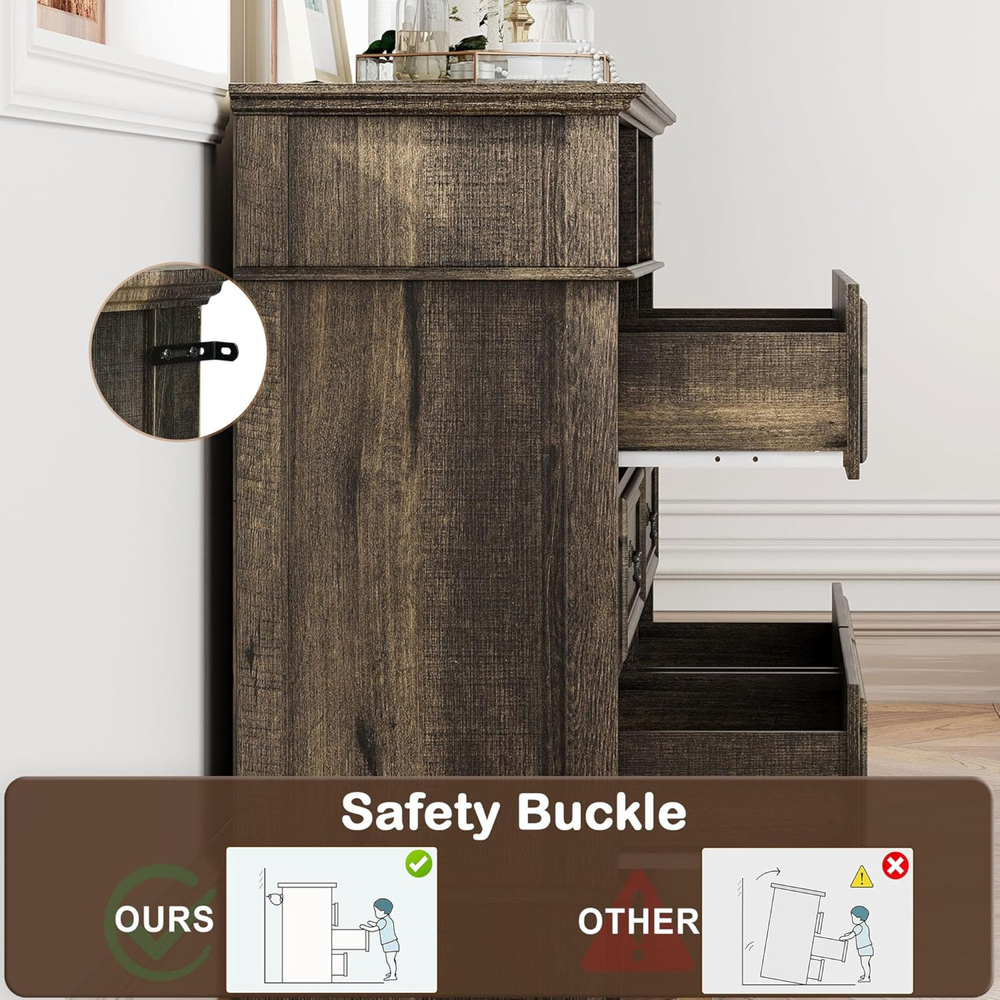 Rustic 6 Drawer Open Shelves Dresser