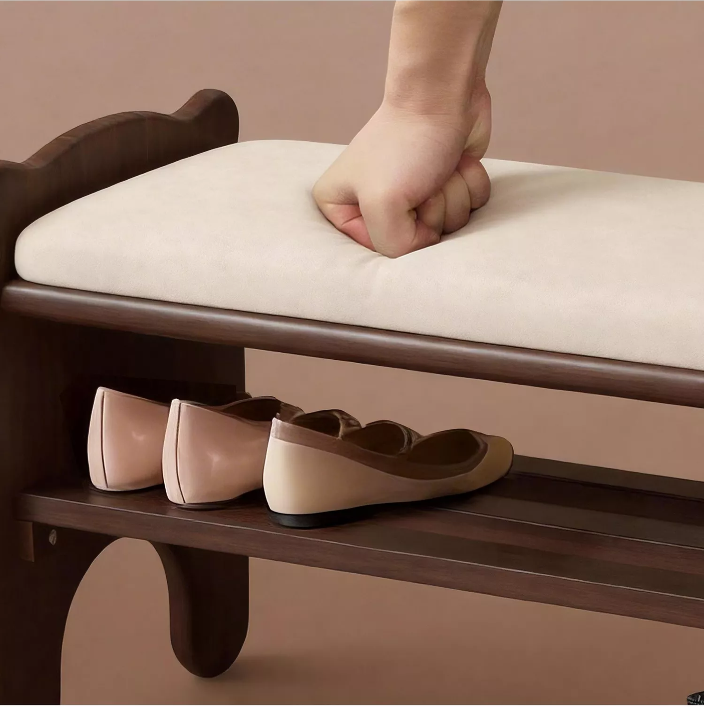 Yechen Bear Shoe Bench, Solid Wood Entryway Bench with Cushion & 2-Tier Shoe Rack