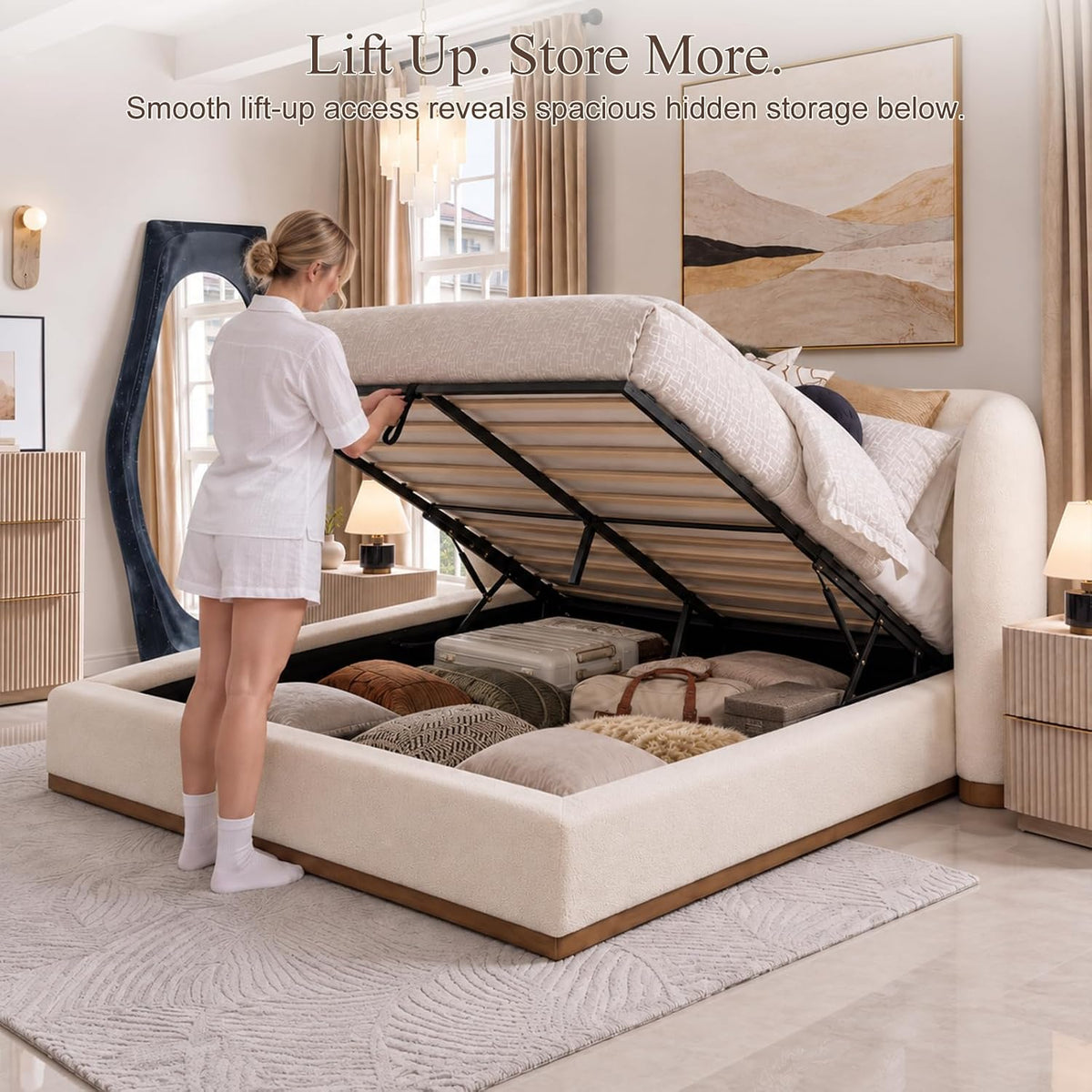 Yechen Bouclé Cloud Bed Frame, Queen & King, Standard or Lift-Up Storage