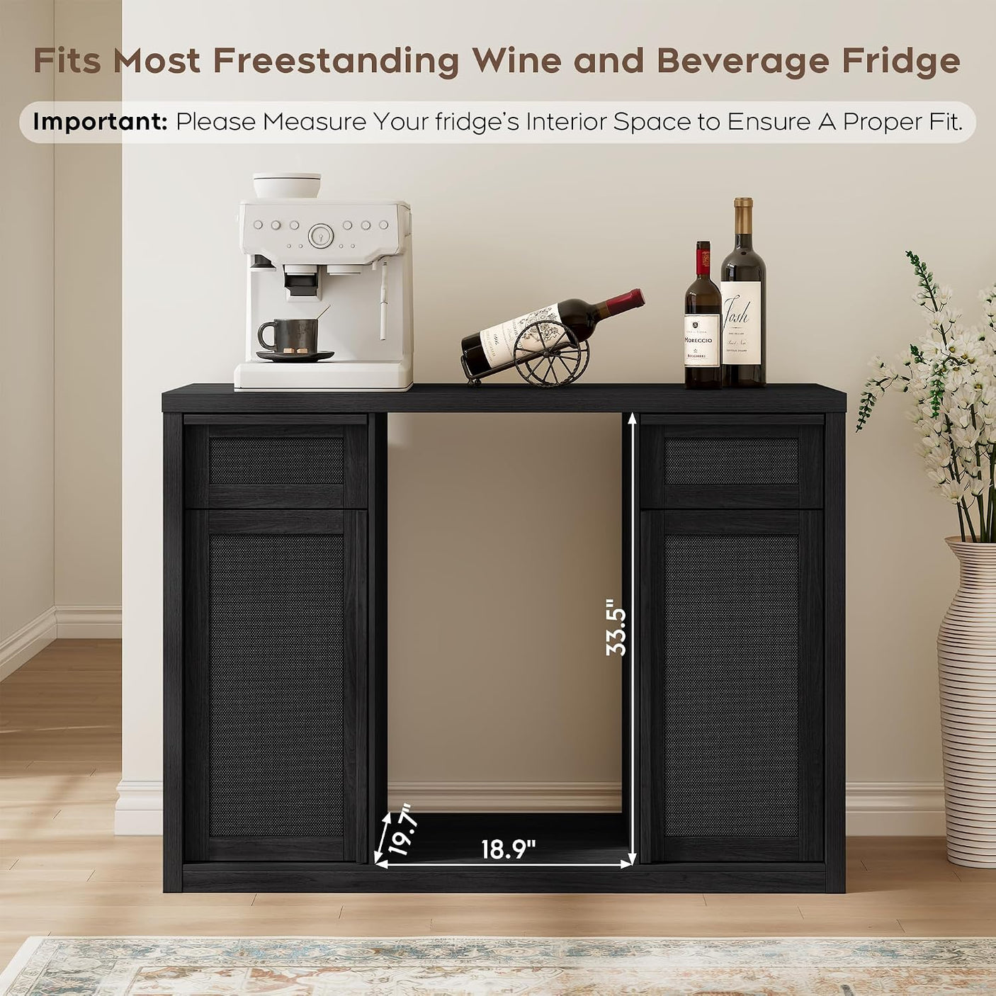 Rattan Coffee Bar Cabinet with Mini Fridge Space - Boho Sideboard with Wine Storage