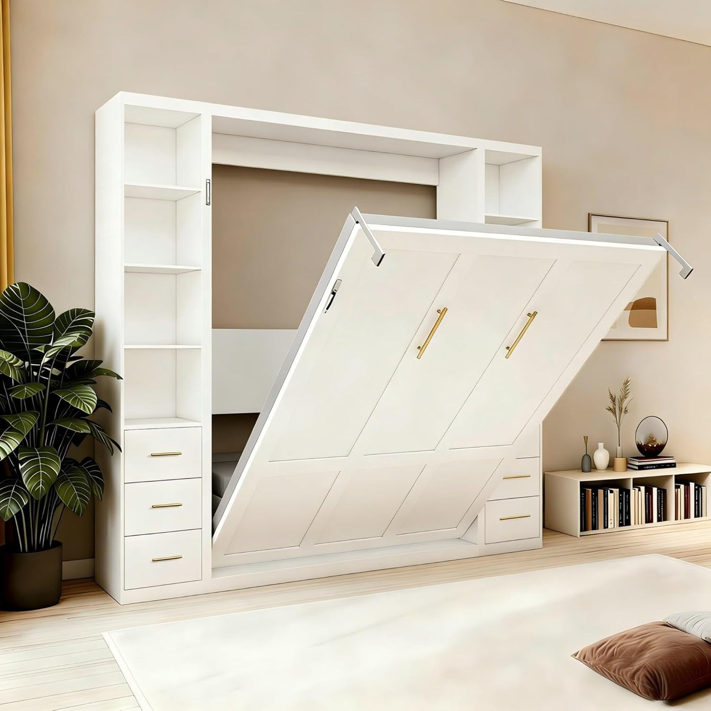 Queen Murphy Bed with Dual Side Storage Cabinets & Bookshelves | Space-Saving Wall Bed | Yechen Home