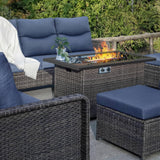 7-Piece Outdoor Patio Furniture Set with 44" Gas Fire Pit Table, 360° Swivel Chairs & Fade-Resistant Cushions, Blue Wicker Conversation Set