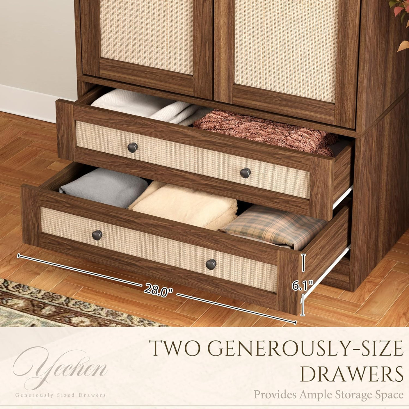 Yechen Walnut Wooden Wardrobe Closet with Rattan Doors, Drawers & Shelves | Farmhouse Armoire for Bedroom
