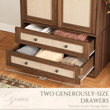 Yechen Walnut Wooden Wardrobe Closet with Rattan Doors, Drawers & Shelves | Farmhouse Armoire for Bedroom