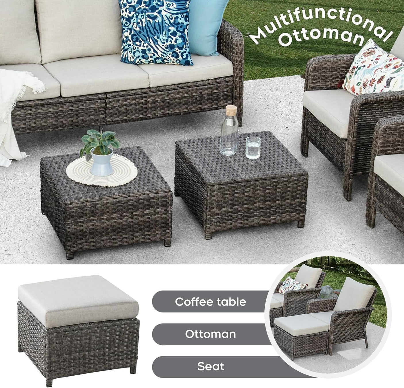 5-Seat Patio Conversation Set | 3-Seat Sofa + 2 Ottomans | Rattan Outdoor Furniture with Washable Cushions – Beige