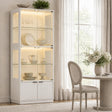 4 Tier Display Cabinet with Glass Doors & Fluted Storage Cabinet LED Lights, Pure White