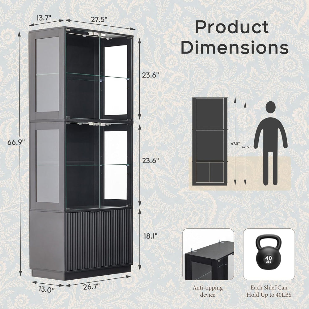 4-Tier LED Glass Display Cabinet with Fluted Storage