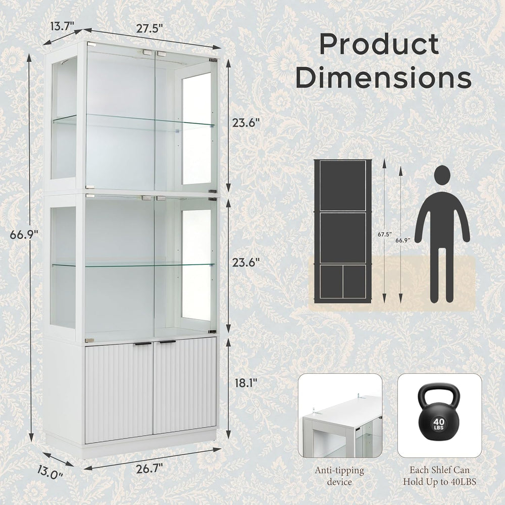 4 Tier Display Cabinet with Glass Doors & Fluted Storage Cabinet LED Lights, Pure White