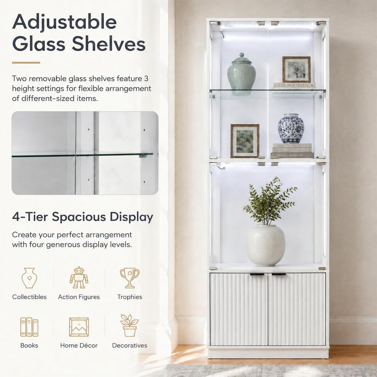 4 Tier Display Cabinet with Glass Doors & Fluted Storage Cabinet LED Lights, Pure White