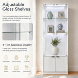 4 Tier Display Cabinet with Glass Doors & Fluted Storage Cabinet LED Lights, Pure White