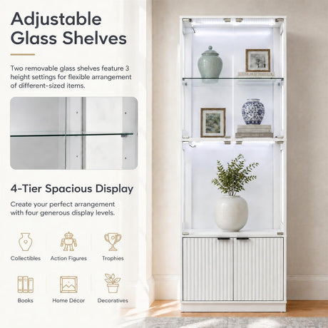 4 Tier Display Cabinet with Glass Doors & Fluted Storage Cabinet LED Lights, Pure White