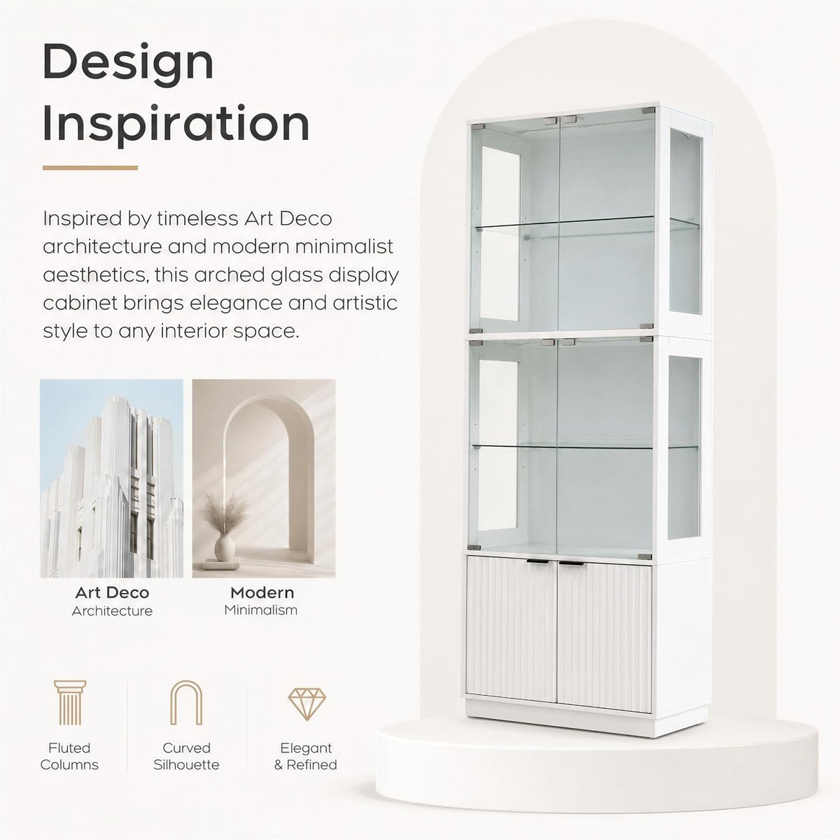 4 Tier Display Cabinet with Glass Doors & Fluted Storage Cabinet LED Lights, Pure White