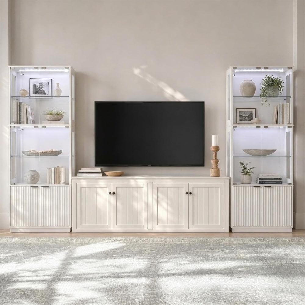 4 Tier Display Cabinet with Glass Doors & Fluted Storage Cabinet LED Lights, Pure White