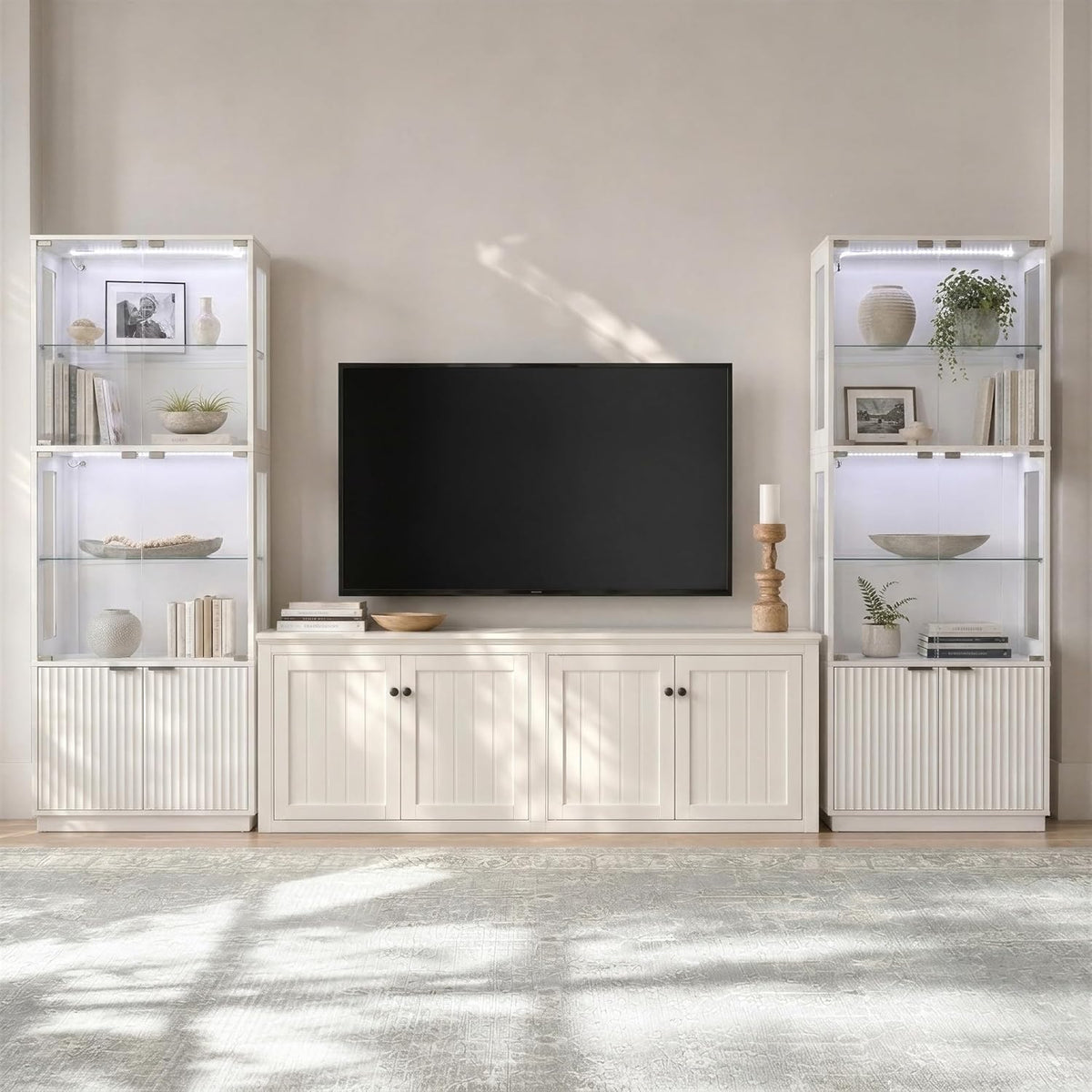 4 Tier Display Cabinet with Glass Doors & Fluted Storage Cabinet LED Lights, Pure White
