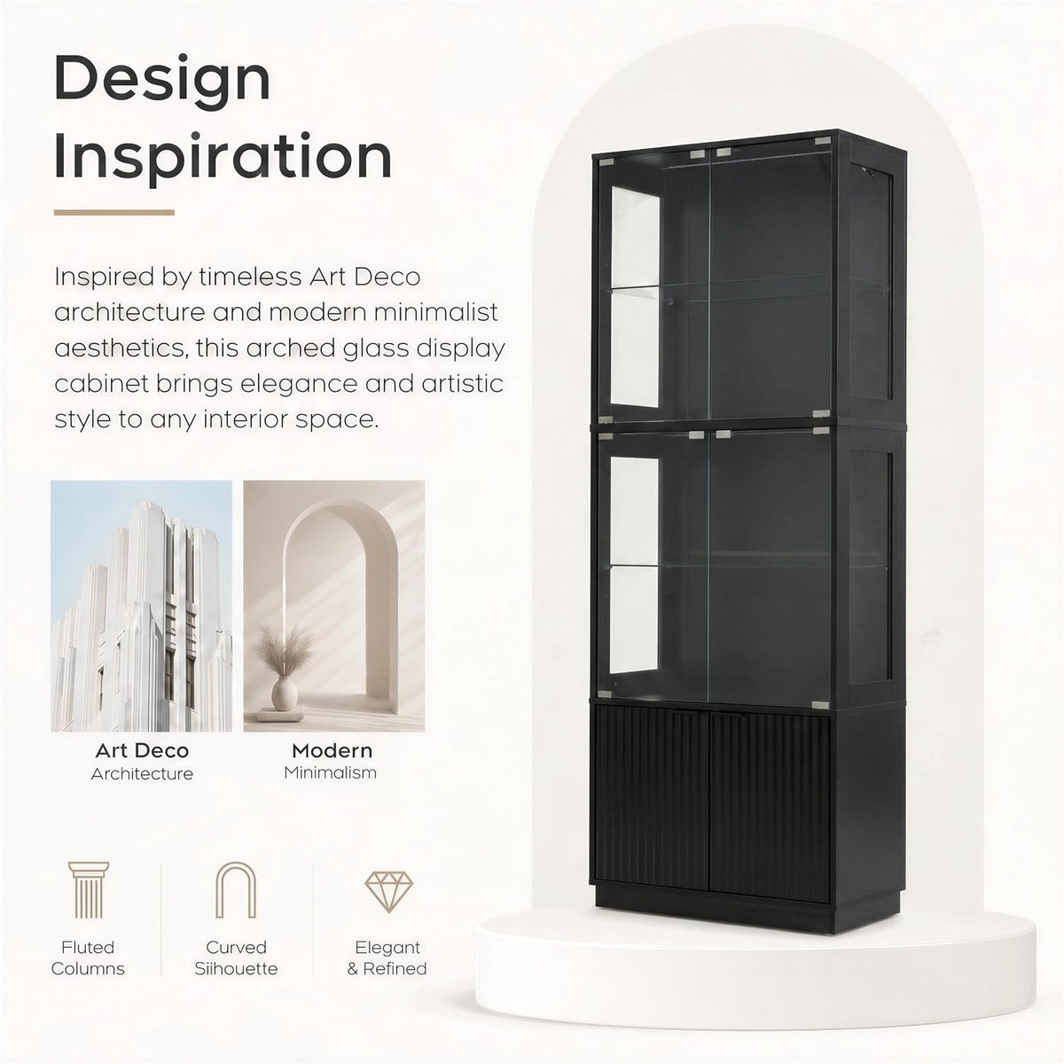 4-Tier LED Glass Display Cabinet with Fluted Storage