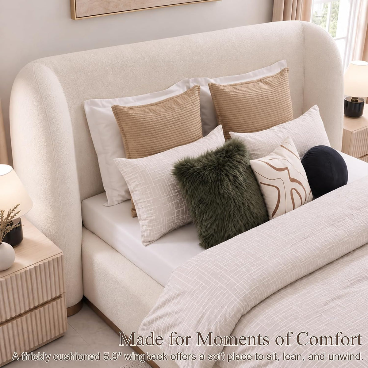 Yechen Bouclé Cloud Bed Frame, Queen & King, Standard or Lift-Up Storage