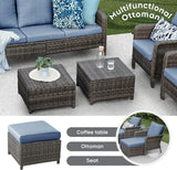 9-Piece Outdoor Patio Furniture Set with 44" Propane Fire Pit Table, 360° Swivel Chairs & 3-in-1 Ottomans, Blue Wicker Conversation Set