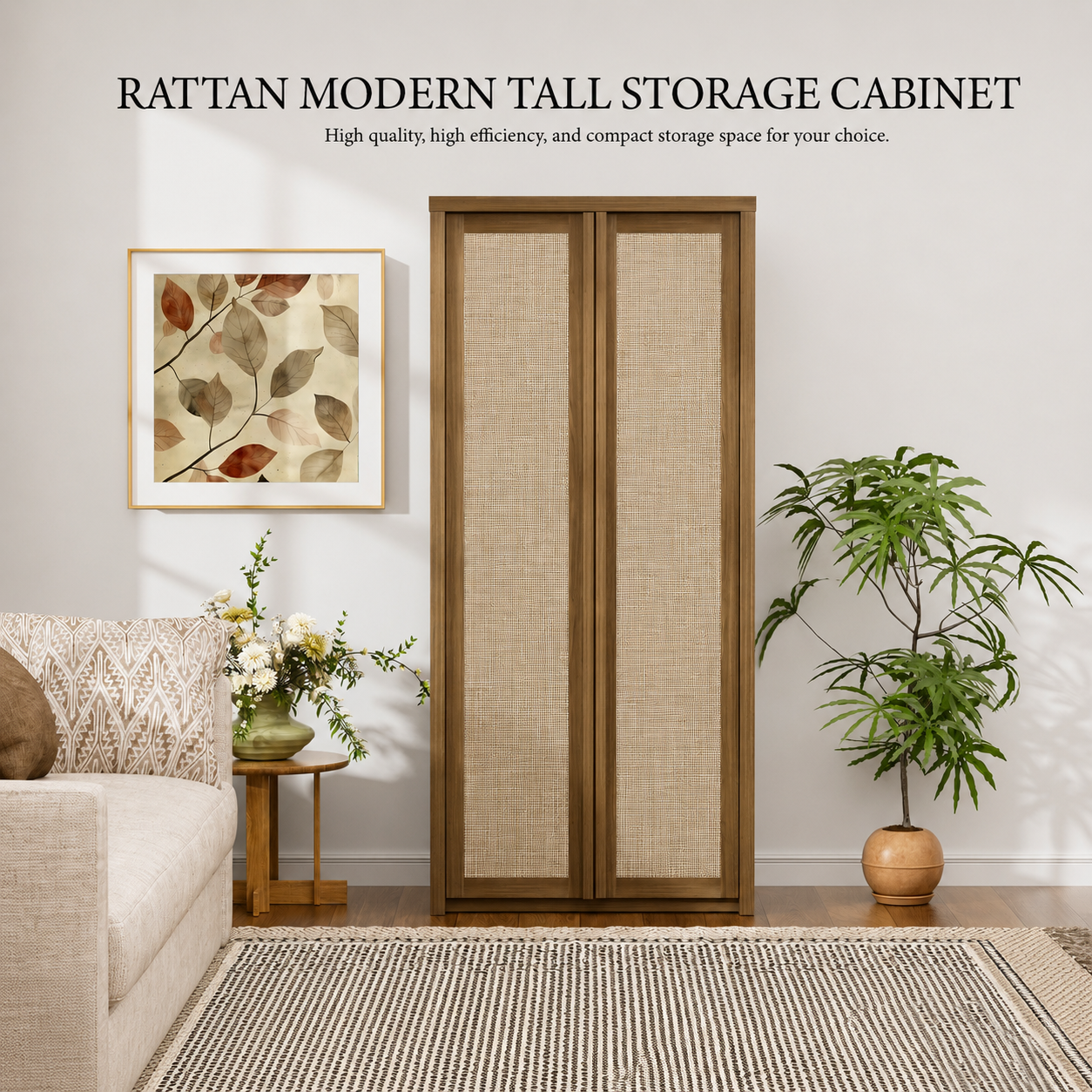 Yechen 67" Tall Rattan Pantry Cabinet with Adjustable Shelves, Dark Walnut/Natural Walnut