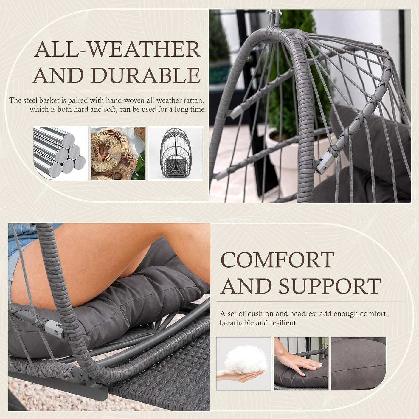 Egg Hanging Chair with Stand, Footrest & Cushion | Patio & Bedroom, Charcoal Grey