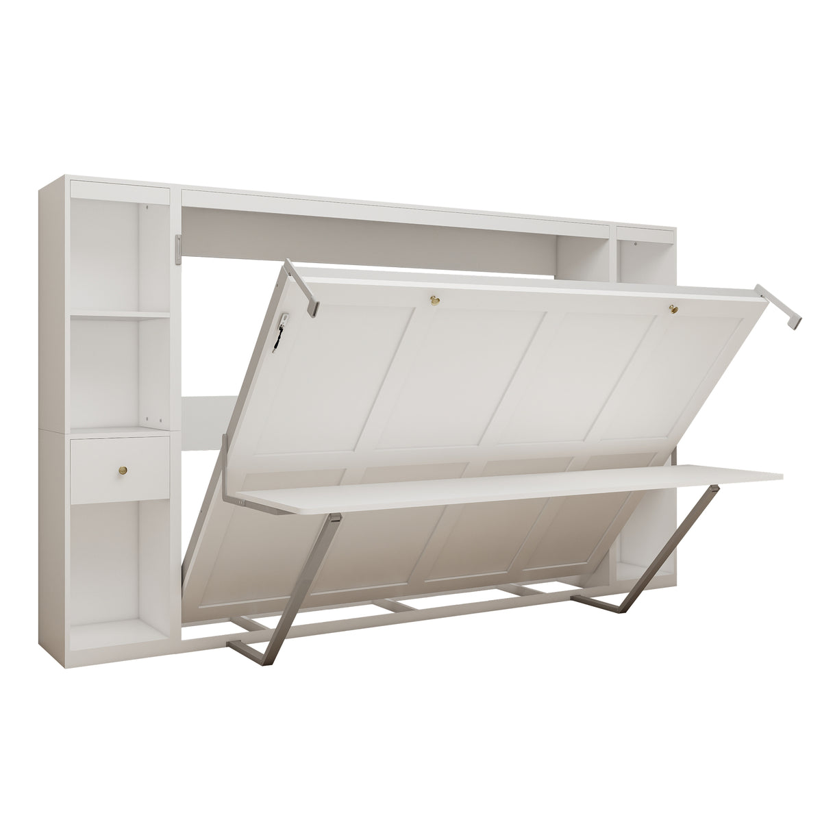 Queen Horizontal Murphy Bed with Desk & Storage – White