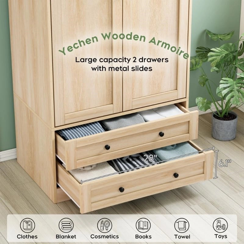 YECHEN 71" Modern Armoire Wardrobe: All-in-One Storage with 2 Drawers & Adjustable Shelves