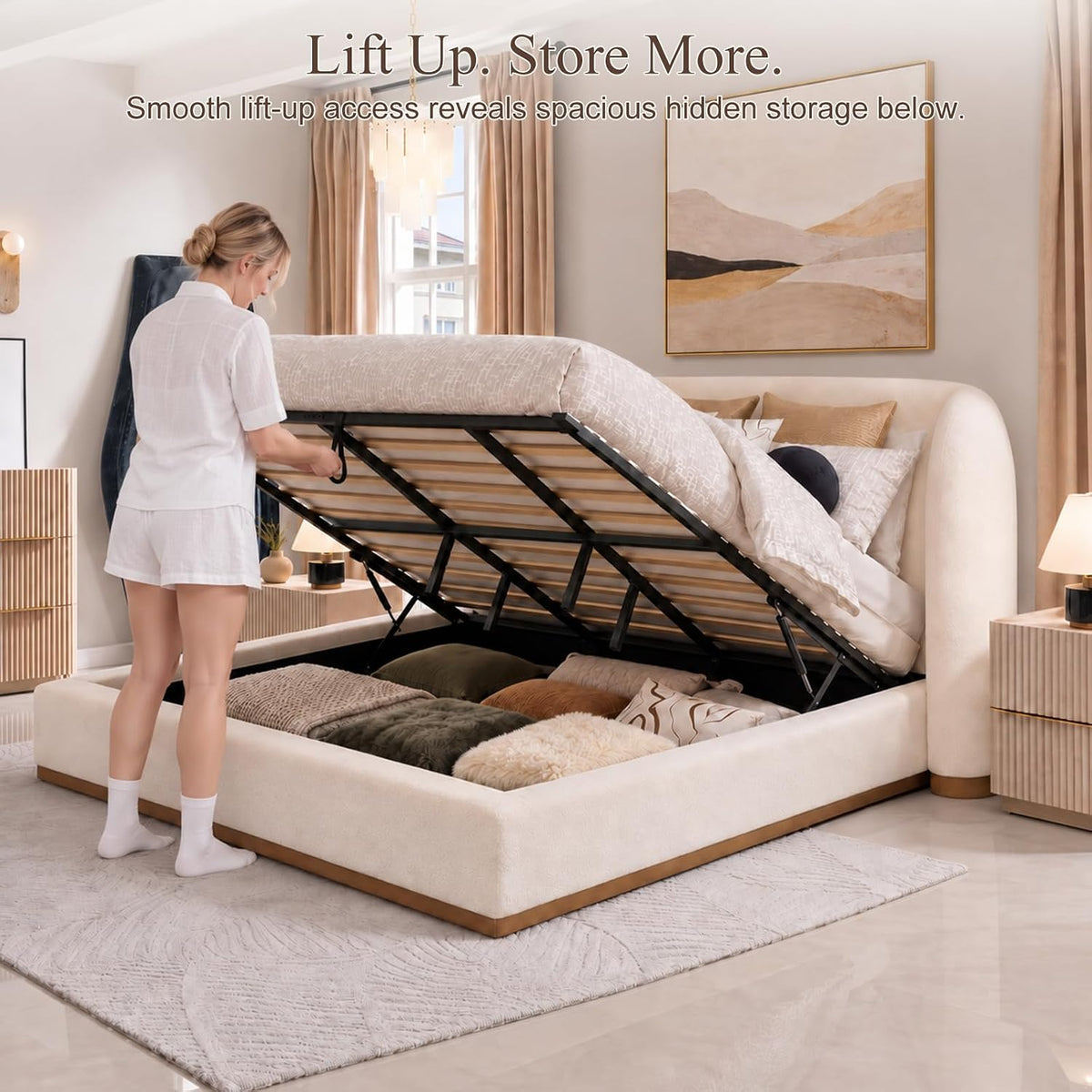 Yechen Bouclé Cloud Bed Frame, Queen & King, Standard or Lift-Up Storage