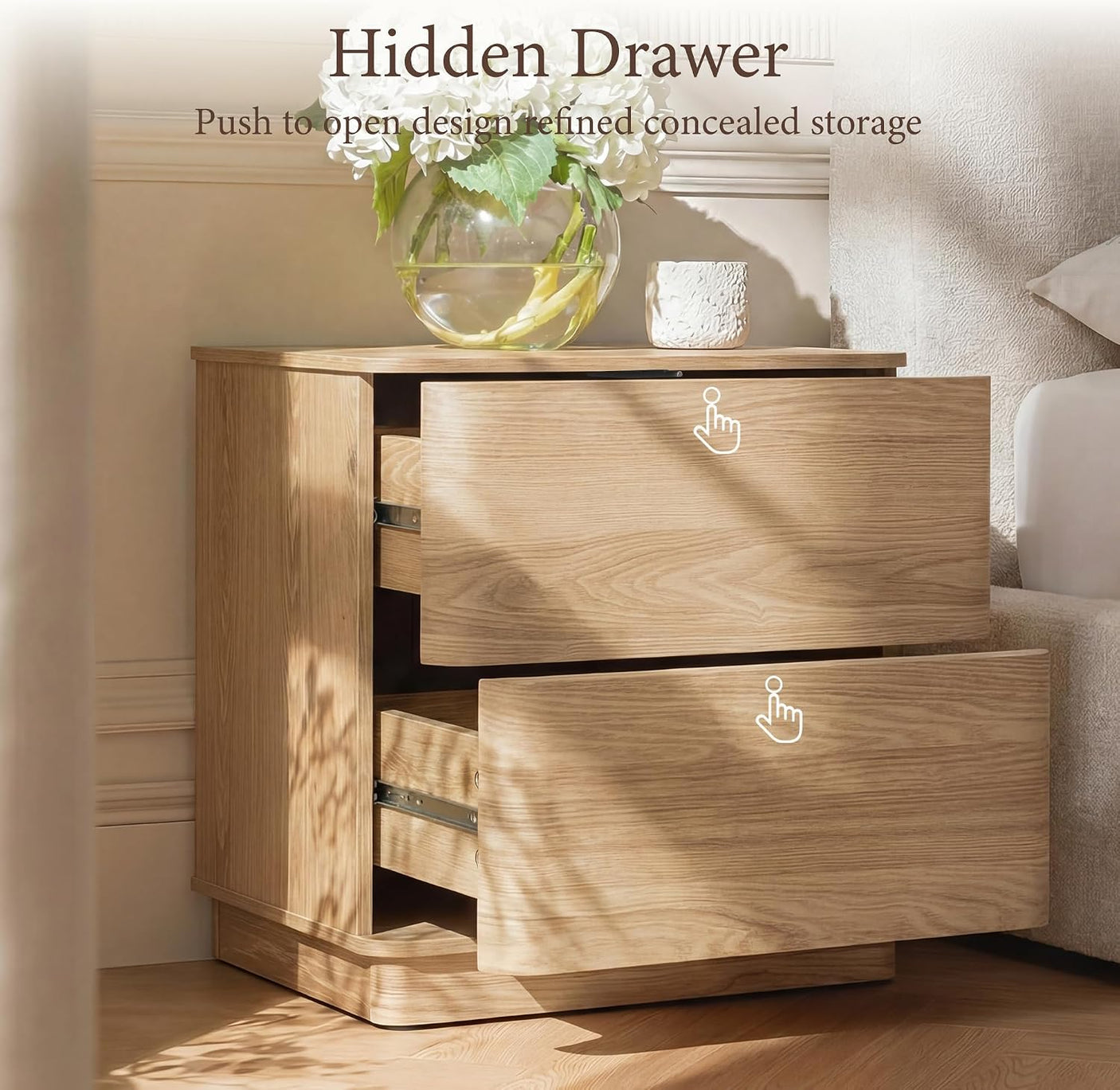 Nightstand with 2 Push to Open Drawers & Hidden Compartment | 22'' Curved Bedside Table | Mid-Century Modern