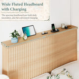 Boho Bed Frame with 55" Tall Fluted Headboard, Storage Drawers & Charging Station | Full & Queen