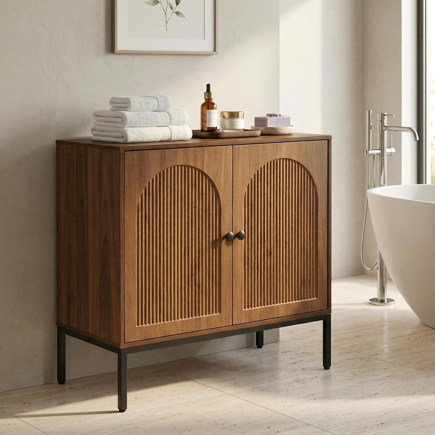 Fluted Sideboard Cabinet with Storage – 2-Door Arched Buffet Credenza | Mid-Century Modern | Walnut & Black