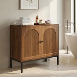 Fluted Sideboard Cabinet with Storage – 2-Door Arched Buffet Credenza | Mid-Century Modern | Walnut & Black